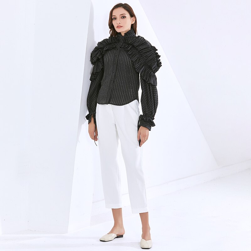 TWOTWINSTYLE-Blusa de manga larga con volantes para mujer, camisa con cuello levantado, estilo de ropa a la ,