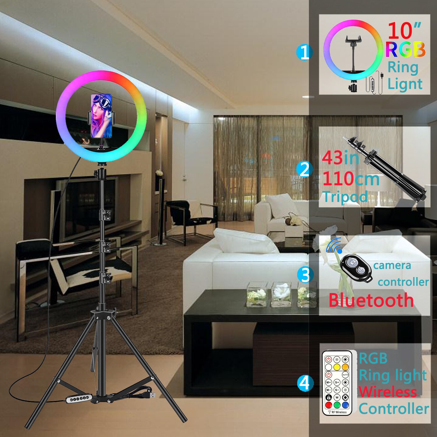 10in Led Kleur Selfie Ring Licht Rgb Fotografie Ringlicht Cirkel Vullen Licht Statief Lamp Telefoon Standhouder Trepied Make-Up: 110cm Tripod