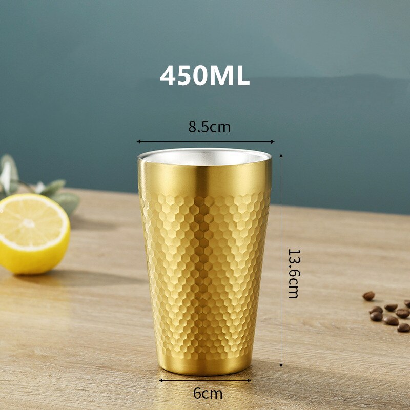 Insulation Anti-scalding Stainless Steel Cups Unbreakable Metal Drinking Beer Coffee Tea Cup Home Outdoor Activities BPA Free: Gold 450ML