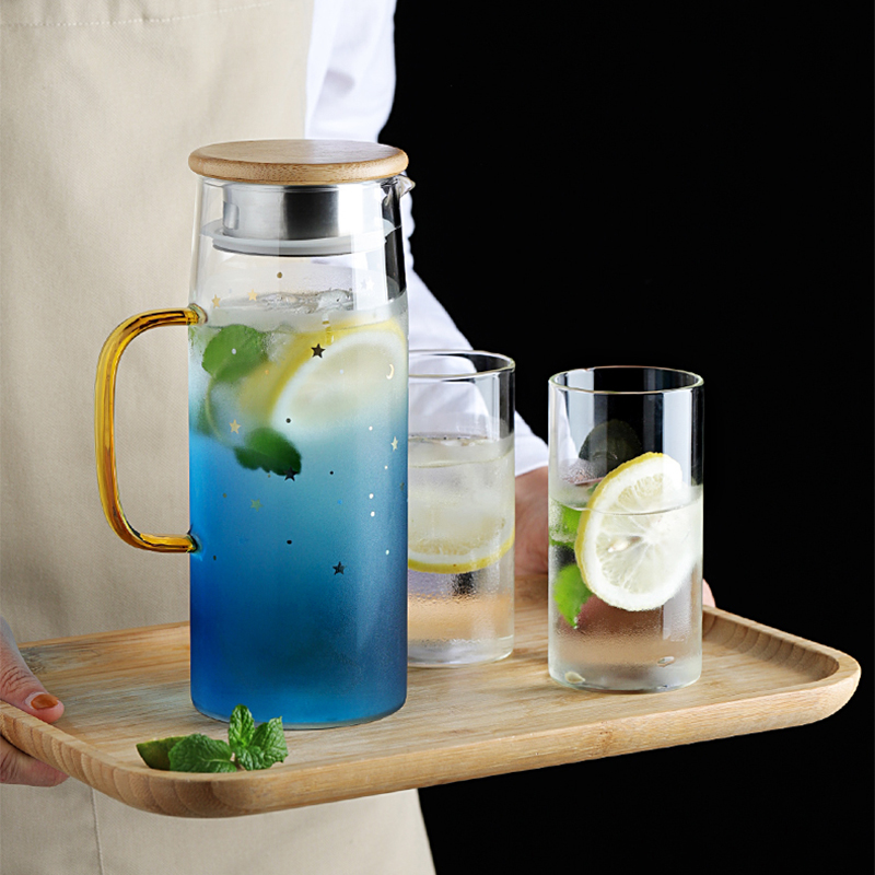 Pichet en verre Pot d'eau résistant à la chaleur cruche d'eau bouilloire couvercle en bambou pour l'eau bouillante thé jus de fruits cruche en verre