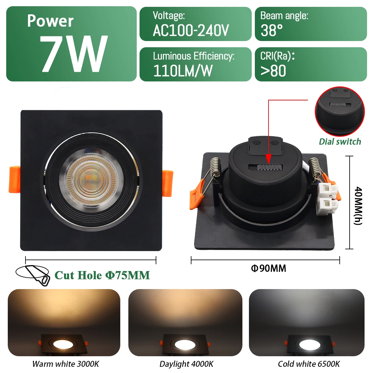 2 uds foco LED empotrable Dial Swich CCT luz de techo ajustada de 3 colores AC 120V 220V 3000K 4000K 6500K iluminación interior: Verde claro