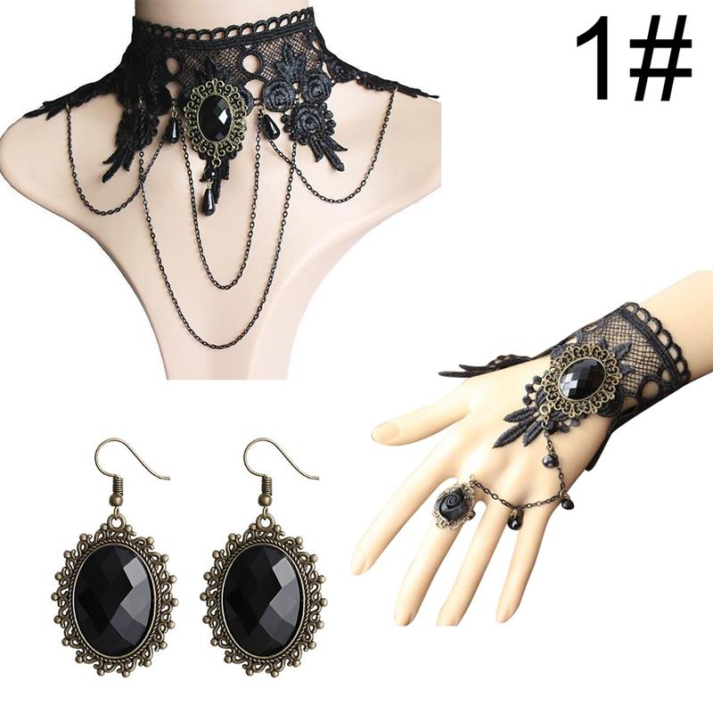 Gothic Style Sieraden Set Vintage Kant Choker Ketting Ring Hand Armband Oorbellen Set Sieraden Accessoires Party Dress Up: 1