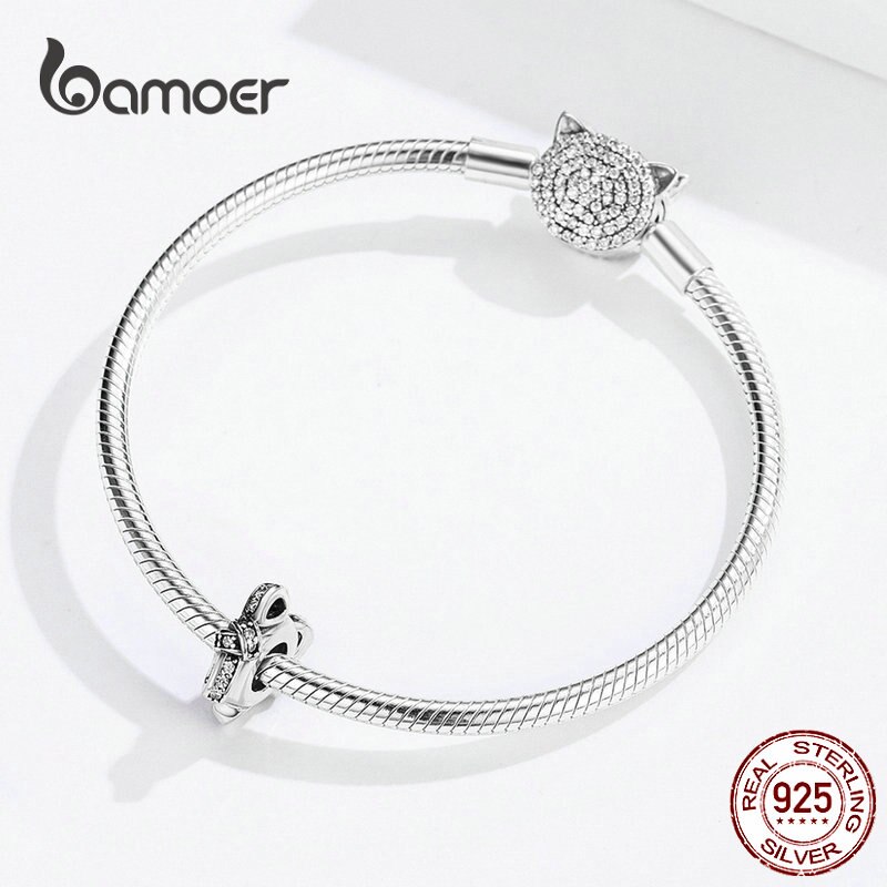 Bamoer bowknot espaçador rolha com silicone 925 prata esterlina claro cz nó charme para o original 925 prata pulseira scc1234