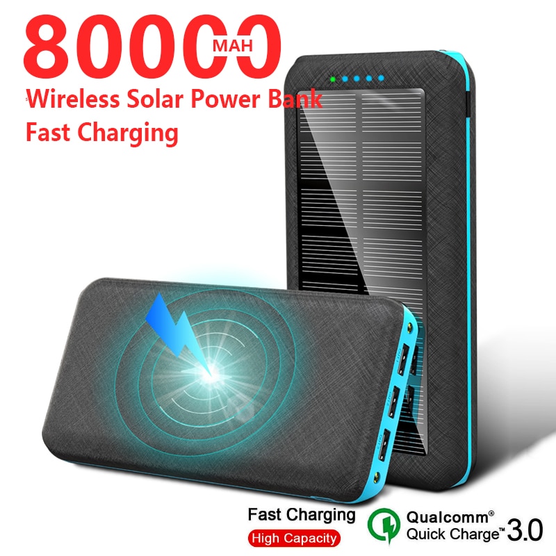 Wireless Solar Power Bank 80000Mah 3USB Poorten Fast Qi Outdoor Oplader Voor Smartphone Draagbare Power Bank Dubbele Gat Lamp