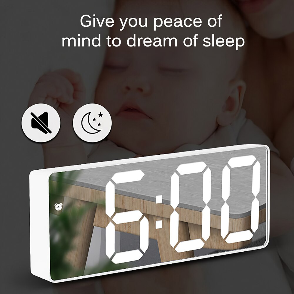 Abs spegel väckarklocka led digital klocka röstkontroll snooze tid temperatur display nattläge