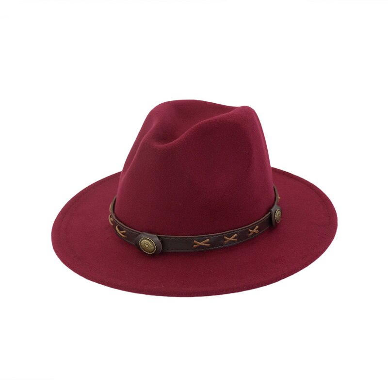 QBHAT uomo donna cappelli Fedora Jazz in feltro di lana tinta unita con cinturino in pelle marrone cappello da Cowboy a tesa larga cappello verde Trilby Panama per la festa: Burgundy