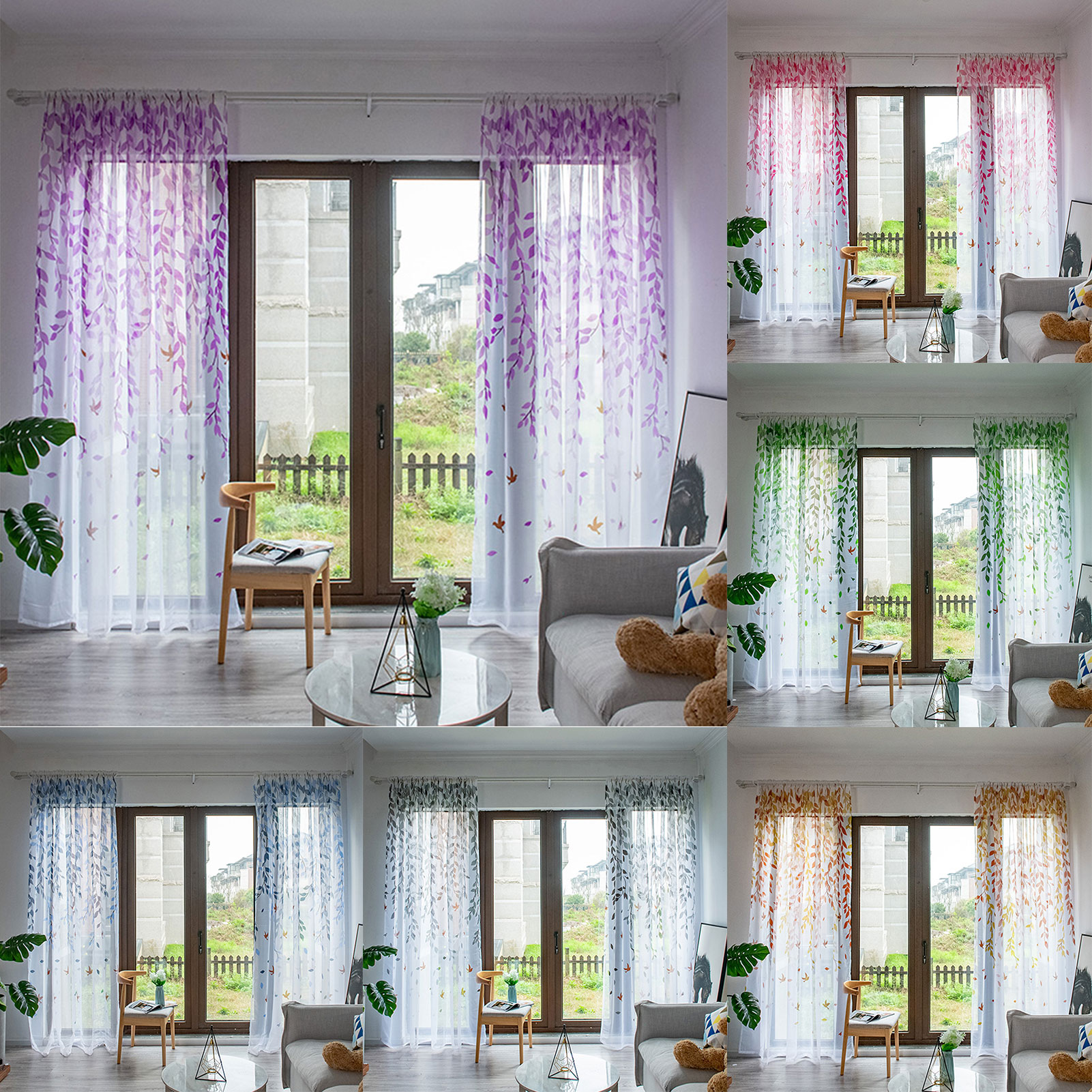 1Pc/2Pcs Soft Curtain 1*2m / 1*2.7m Lightweight Voile Curtain Reusable Polyester Peony Flower Printed Curtain Room Decoration