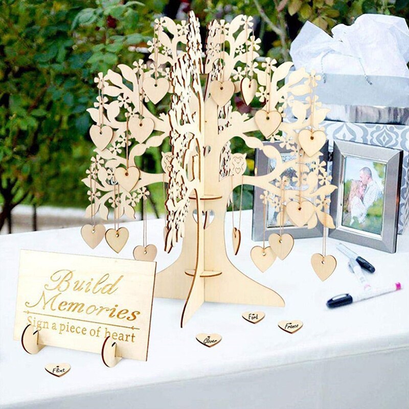 Letrero de libro de invitados de boda, árbol de madera, corazón colgante, adornos sueltos, decoración de , libro de invitados de boda, 0303