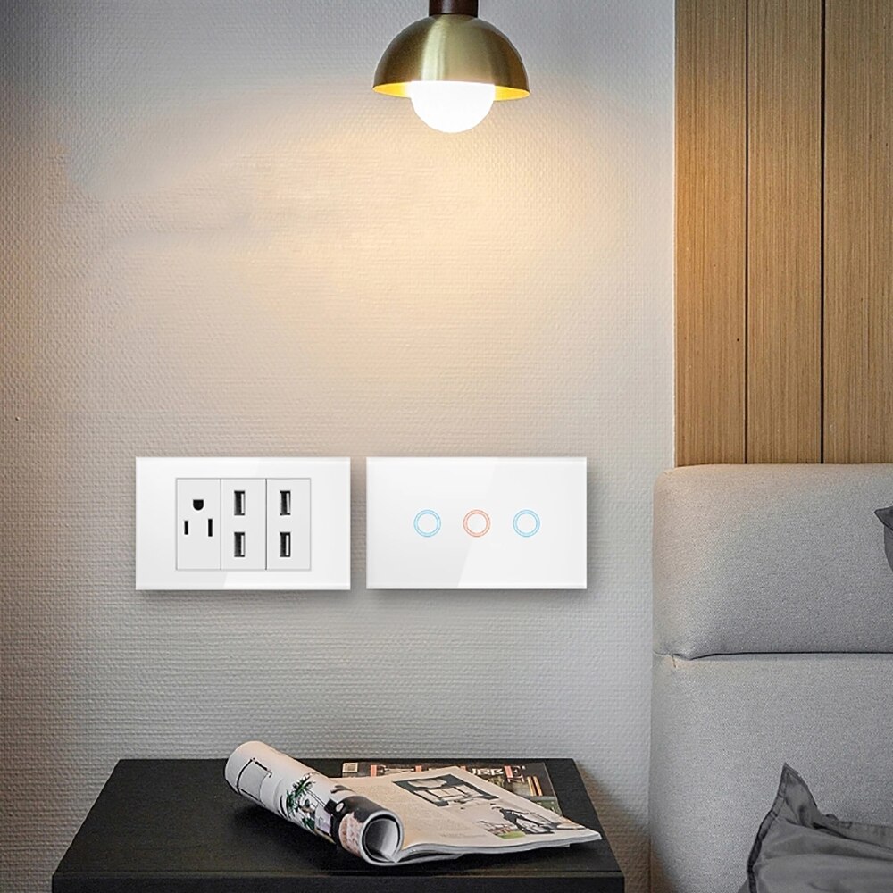 Power Wall Socket Light Switch Double 1/2 Pole Glass Panel Outlets Plate US Modular Mounted Home Office Electrical Appliances