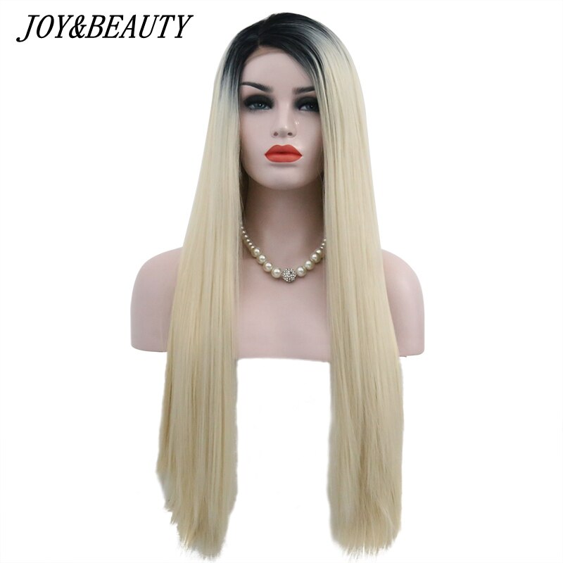 Joy & beauty 28 "mão amarrada raízes escuras ao cabelo loiro ombre fibra de alta temperatura reta sem cola peruca de fron sintético do laço