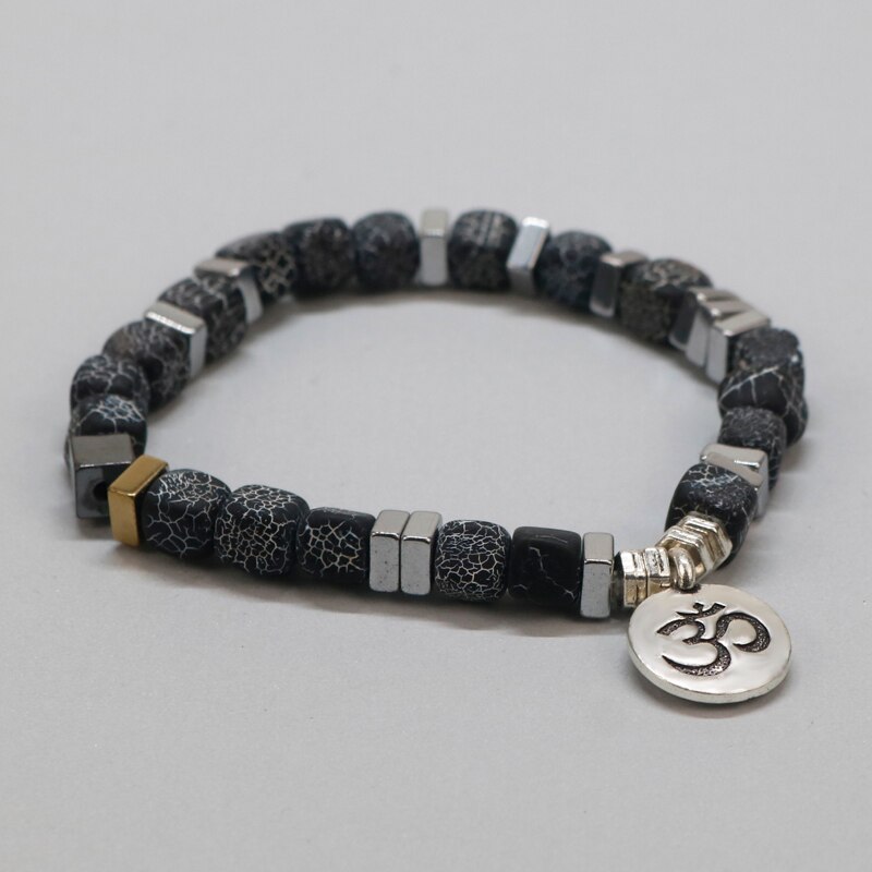 Tibetan Buddha Lotus Bracelet Men Natural Square Weathered Onyx Mala Spiritual Bracelet For Women For Him DX-15: BD1-02 / Women Size