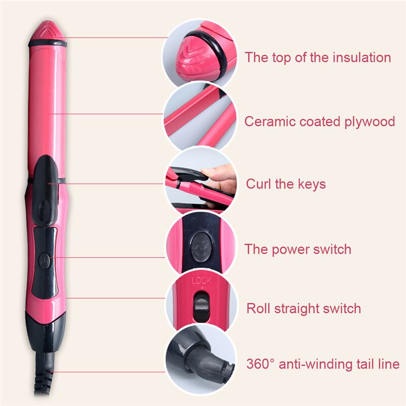 2 in 1 Pink Electric Straightening Iron & Curling Iron Hair Curler Hair Straightener Flat Irons Ceramic