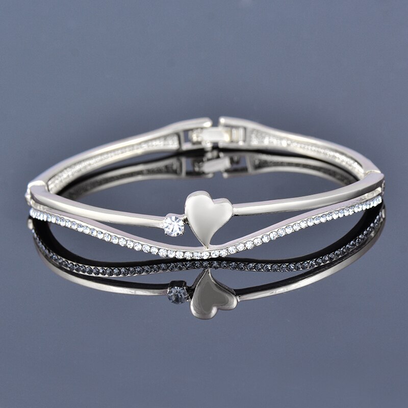 SINLEERY Romantic Rhinestone Heart Bangle For Women Rose Gold Silver Color Wedding Bracelets Jewelry SL490 SSF: white gold plated
