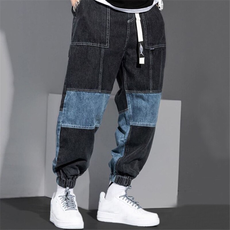 Pantalones Cargo de estilo Hip-Hop para hombre, Vaqueros holgados de cintura elástica, Jeans de retales lavados, ropa de calle de ocio para hombres,