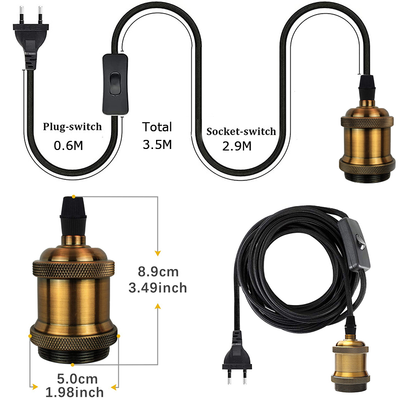 Support de lampe suspendue en métal E27, 3.5M, avec câble et prise, avec prise ue, câble de lampe Vintage: Marron