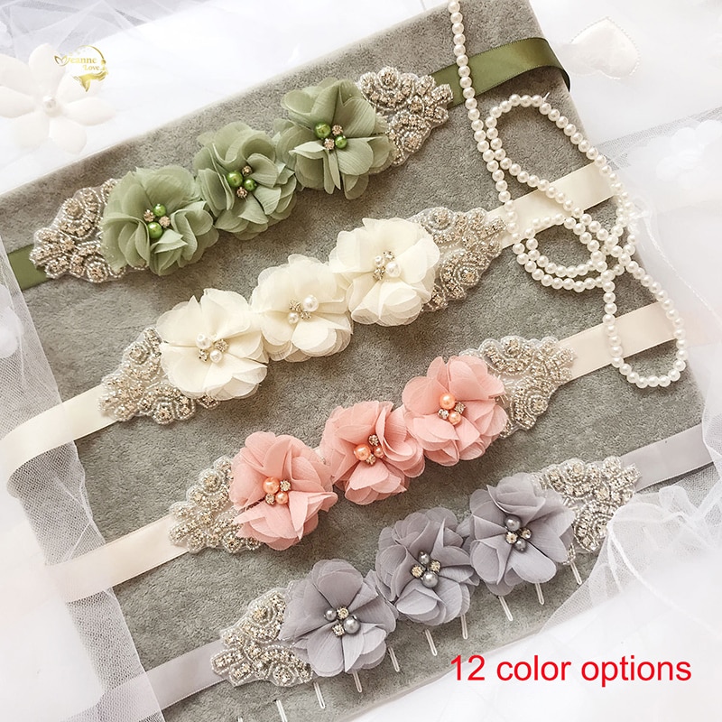 Zomer strand bruiloft bloemen riemen voor bruid parel chiffon bloemen riemen sjerpen kristal bruidsaccessoires ceinture mariage