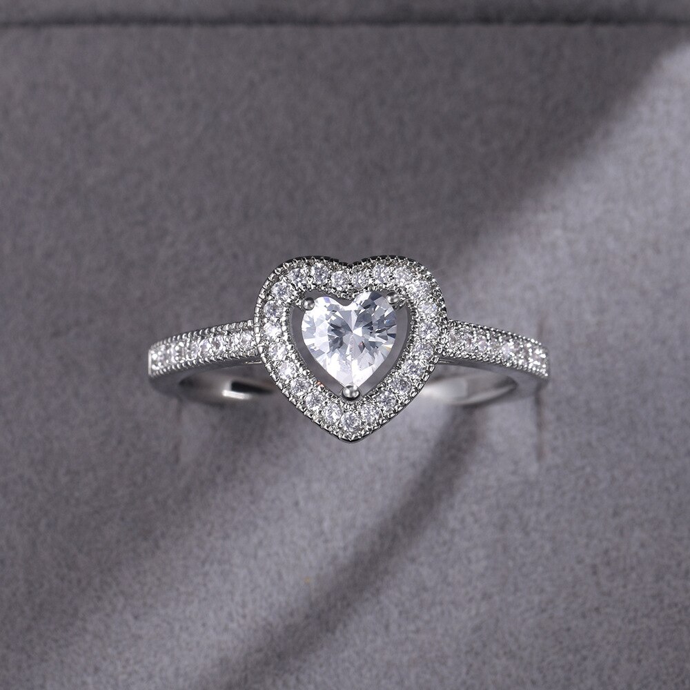 Luxe Cz Ring Klassieke Solitaire Ring Met Hart Vorm Zirconia Prong Instellen Wedding Engagement Ringen Voor Vrouwen Meisjes