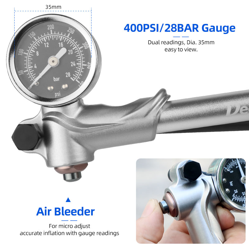400 psi Hochdruck-Luftpumpe mit Manometer für Vorderradgabel, Stoßdämpfer, MTB, Fahrrad, Presta, Schrader, Ventil, Inflator, drehbarer Schlauch