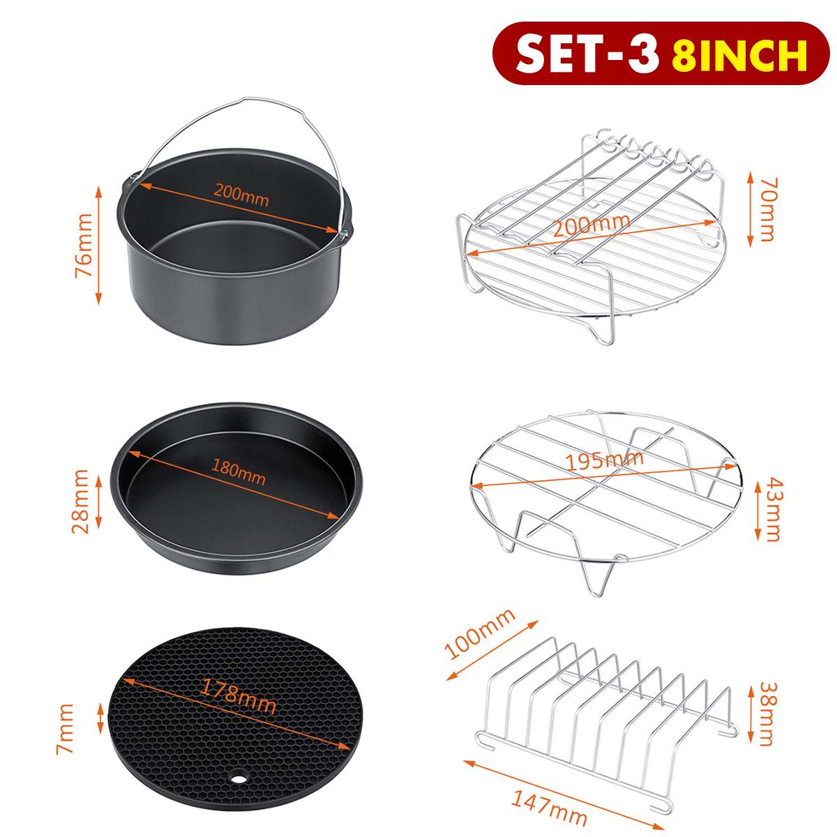 Air Fryer Accessories Set Baking Basket Pizza Plate Grill Pot Kitchen Cooking Tool 8Inch 5.3-5.8QT Deep Fryer Parts: 11Pcs Set B
