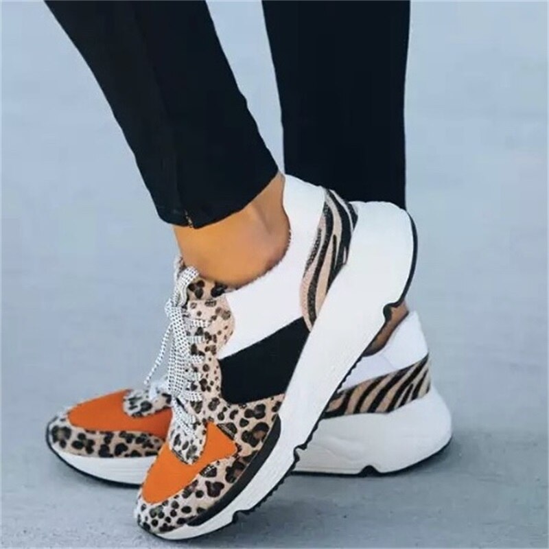 Woman Sneakers Thick Platform Leopard Print Trainer Women's Vulcanized Shoes Plus Size Casual Breathable Flats Shoes