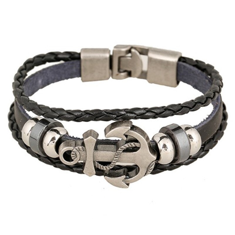 Wit/Brons Drie-Kleur Anker Accessoires Mannen En Vrouwen Punk Gevlochten Lederen Armband Sieraden Zee Charme paar Armband: 1