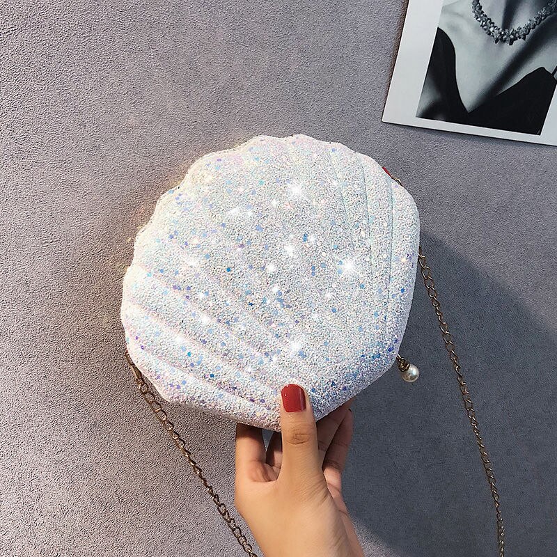 Sequin Shell Tas Vrouwen Crossbody Bag Keten Mini Schoudertas Cirkel Seashell Bling Handtas Meisjes Glitter Portemonnees En Handtassen