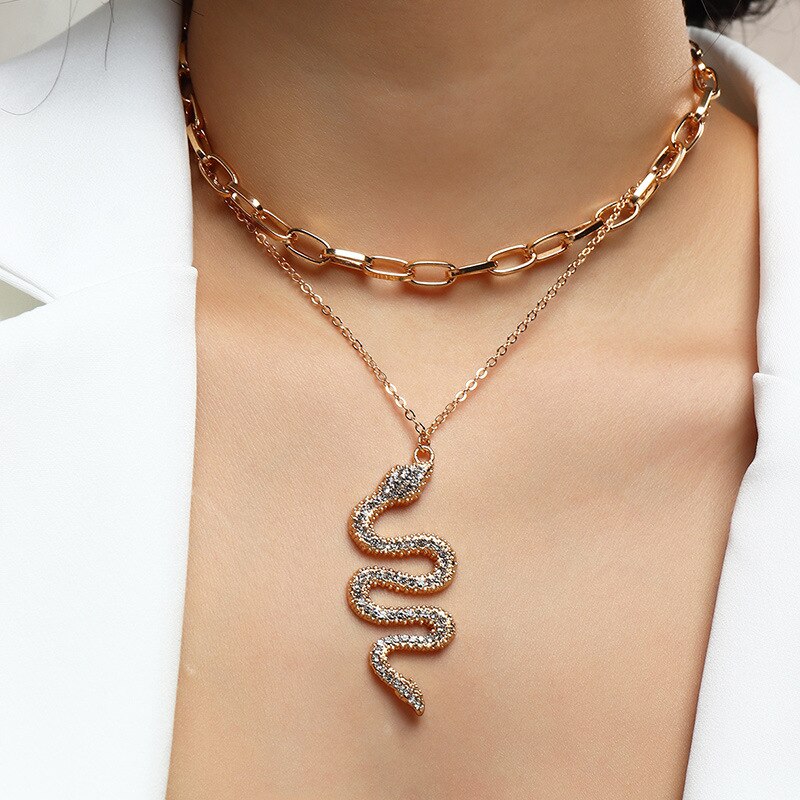 Punk Style Crystal CZ Snake Pendants Long Chain Women Female Necklace Gold Color Necklace Jewelry Gothic Collar Bijoux