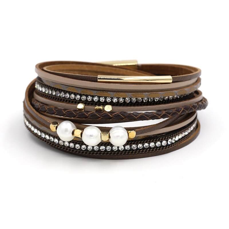 Vonnor Lederen Armbanden Voor Vrouwen Boho Sieraden Charm Natuursteen Kwastje Wrap Armband Vrouwelijke: B8201c Brown