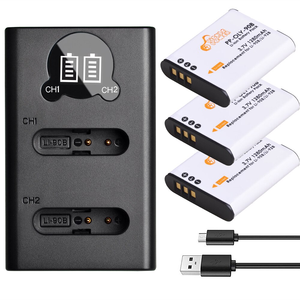 3 pièces Li-90B Li 90B Li-92B Li90B batterie et LED chargeur USB pour Olympus TG-6 TG-5 tg-tracker SH-1 SH-2 SP-100 IHS TG-1 TG-2 dur.: Charger and 3Battery