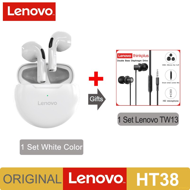 Lenovo HT38 TWS Earphone Wireless Fone Bluetooth Headphones AI Control Mini Headset Dual Mic Noise Reduction HiFi Stereo Earbuds: HT38 White ad TW13