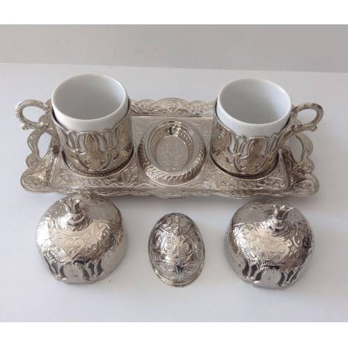 Ottoman Patroon 2 Persoon Koffie Cup Set. Dubbele Zilveren Set