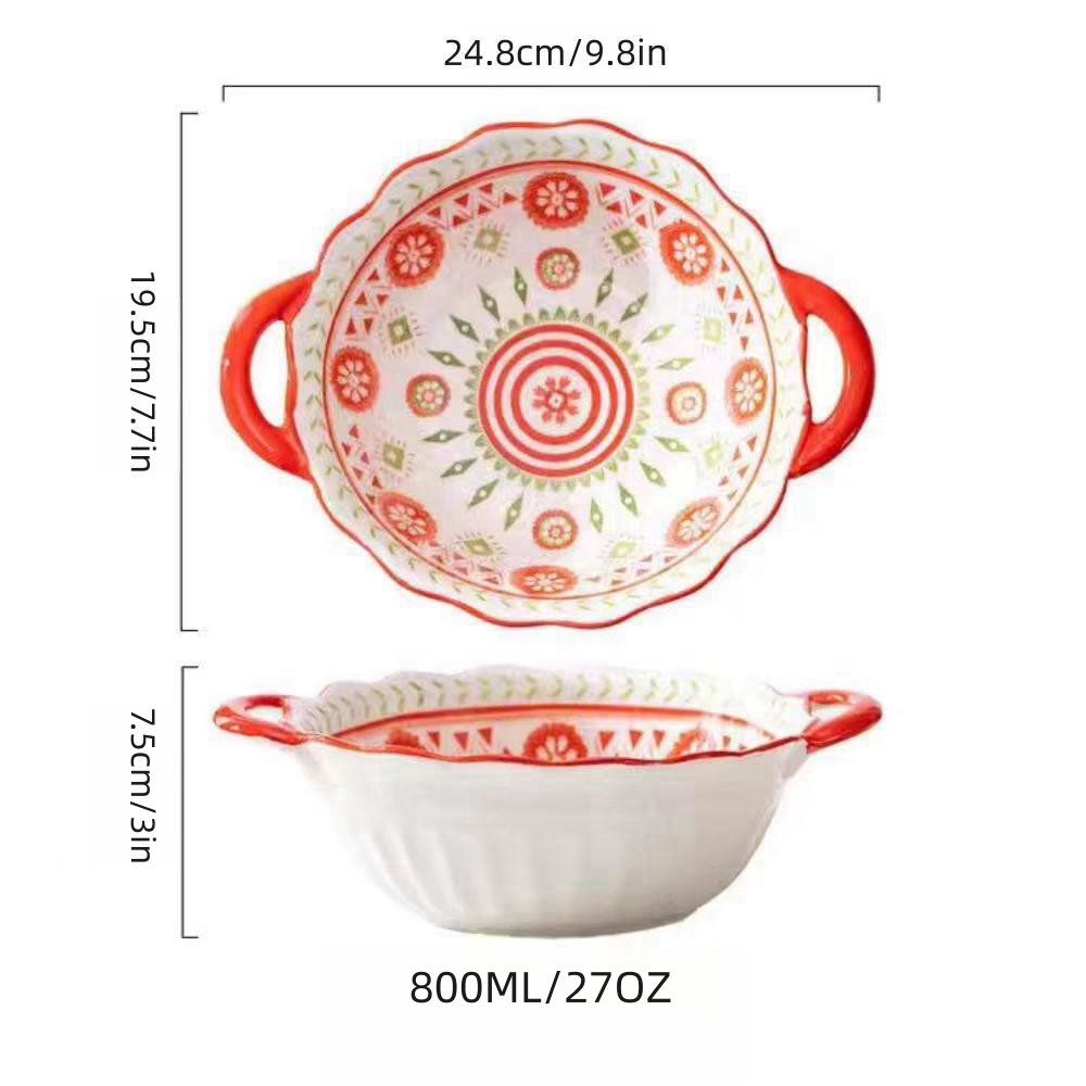 Lovely large capacity ceramic soup bowl with handle Suitable for salads, fruits, pasta, desserts, etc Suitable for the oven: Red