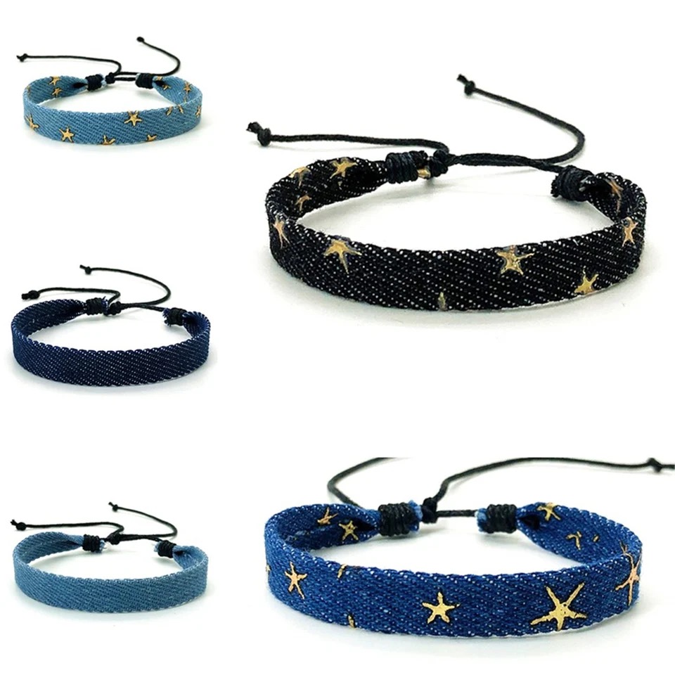 Jahrgang Stern aufbringen blau literarischen Denim Stoff Armbinde für Frauen Männer gotisch ethnischen Hand gewebten Armbinde Modeschmuck