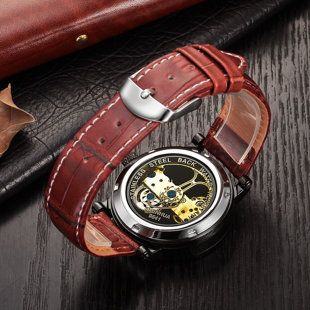 SHENHUA mannen Bridge Analoge Weergave Mechanische Horloge Skeleton Automatische Zelf Wind Man Klok Lederen Band Relogio Masculino