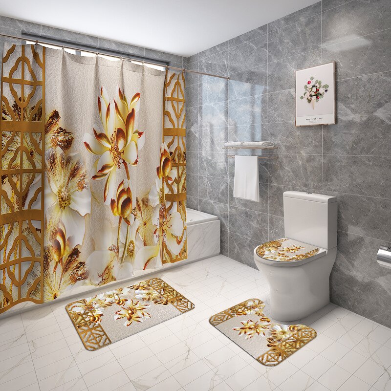 Tapete do banheiro tapete de banho floral com cortina de chuveiro conjunto flanela toalete capa de assento tapete de banho de absorção de água tapetes do banheiro: 4pcs-700
