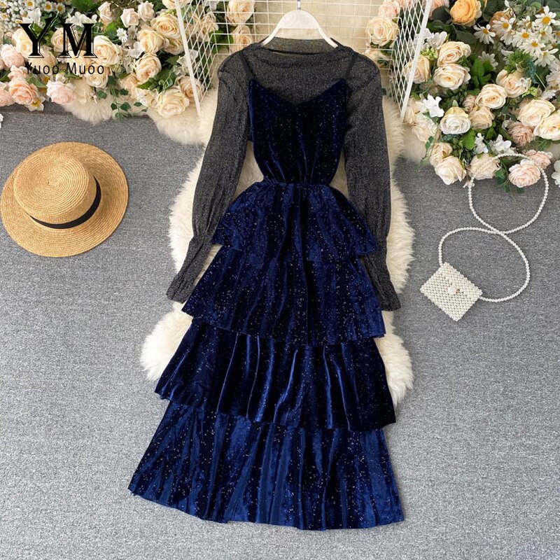 YuooMuoo Bling Bling Luxury Party Dress Women Two Piece Set Shirt and Pleuche Spaghetti Strap Dress Festival Long Dress