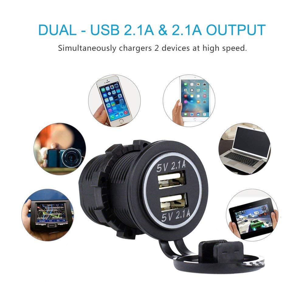 Dual USB Charger Socket Power Outlet 2.1A & 2.1A for Car Boat Marine Mobile (4.2A-Blue)