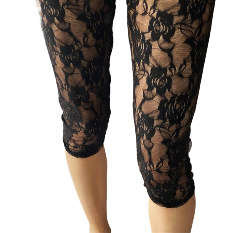 Dames shorts met hoge taille, bloemenkant, doorschijnend, cropped broek, uitgehold, doorschijnend, dunne capri legging, onderbroek: Zwart