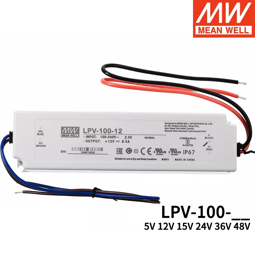 Gemiddelde Goed Led Driver LPV-100 5V 12V 15V 24V 36V 48V Dc 100W Waterdicht Ip67 Led Light Bar Transformator Schakelende Voeding