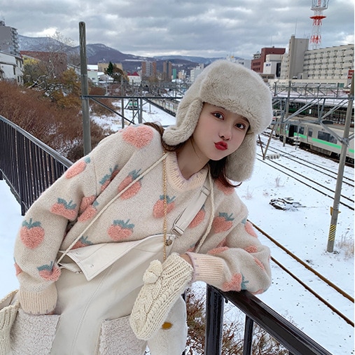 Primavera invierno dulce Lolita lindo Rosa dibujos animados fresa melocotón copo de nieve Knit mujeres Casual Pullover suéter suelto estilo largo Top