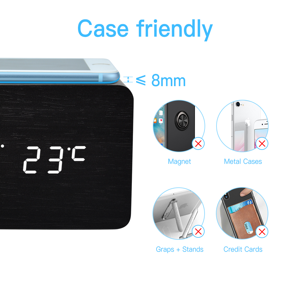 FiBiSonic Holz LED Digital Tisch Wecker mit Mit Qi kabellos aufladen Pad Kompatibel Mit Für Iphone Samsung