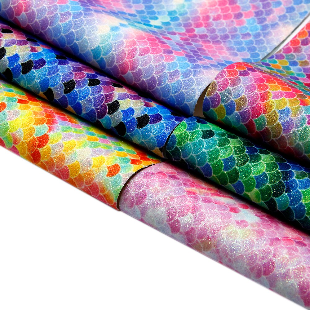 6 st 20*34cm sjöjungfrumönster tryckta glitter syntetiskt läder set, handgjorda material för att göra projekt ,1 yc 5869