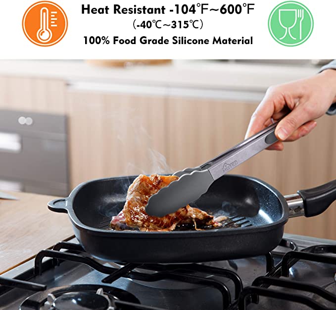 Hotec Premium Stainless Steel Locking with Silicon Tips Food Grade Silicone Tong Bread Serving Kitchen Tools BBQ