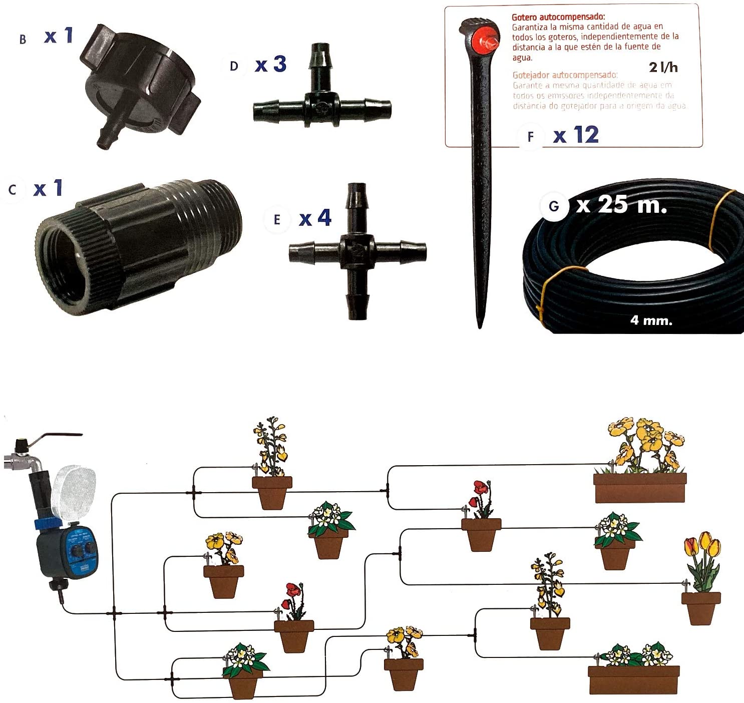 Riego por goteo para programador de Balconies-C4099N + 12 goteros autocompensadores de 2 l / h + microtubo de 4mm, Kit C4061