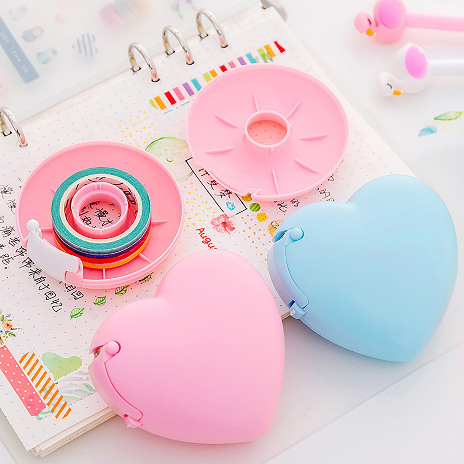 Cute Masking Tape Cutter Candy Color Pink Blue Heart Styling Washi Cutter Office Cute Clear Tapes Dispenser Washi Holders