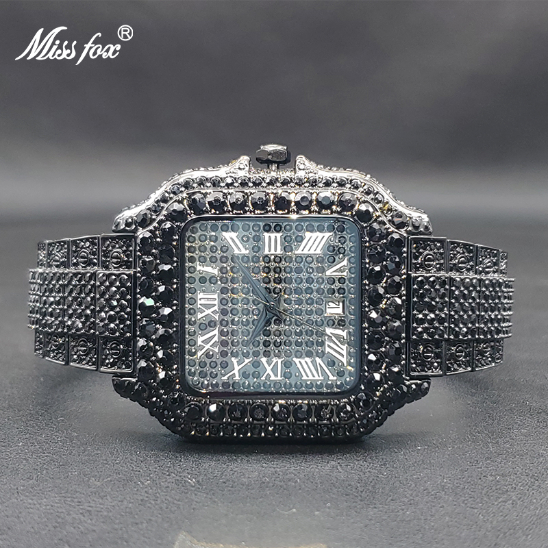 MISSFOX-Grande montre de luxe pour hommes, entièrement en diamant, style hip hop de rue, montres à quartz avec calendrier, directe: Black