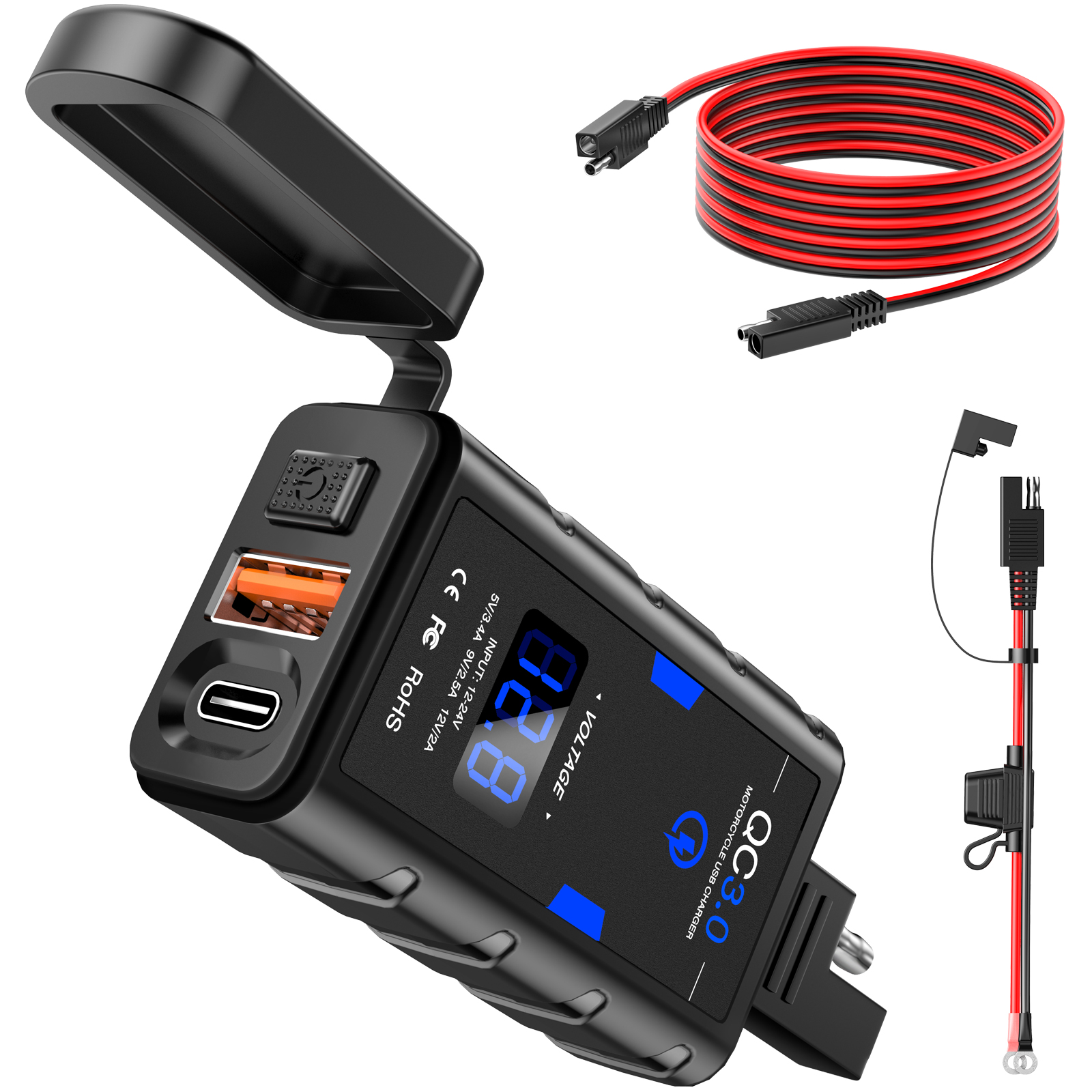 Powstation Waterdichte motorfiets telefoonoplader QC3.0 USB + Type C 6.4A oplader met snoer Voltmeter Moto-voedingsaansluiting