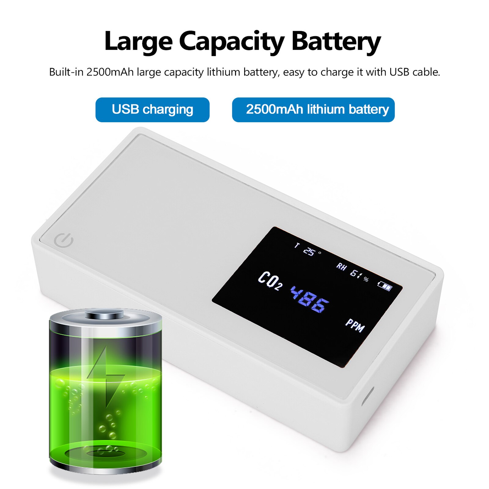 Medidor CO2Household Air Detector CO2 Tester with Carbon Dioxide Value Electricity Quantity Temperature Humidity Display