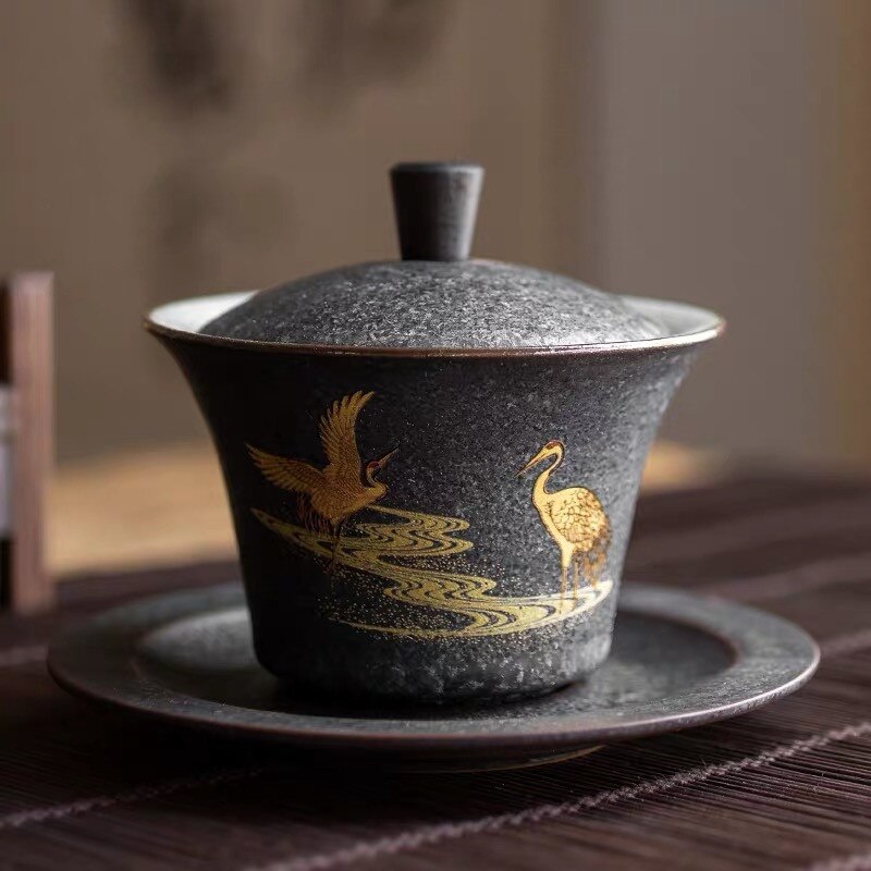 Keramisk gaiwan kontor tekop håndlavet kung fu terrin kinesisk te skål med låg og underkop vand krus te sæt drinkware: B