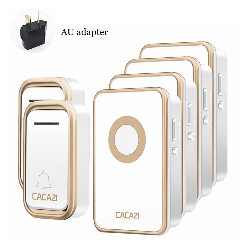 CACAZI Wireless Doorbell Waterproof 300M Remote 2 Battery Button 4 Receiver led light US EU Plug Home Cordless door bell chime: gold 2x4 AU